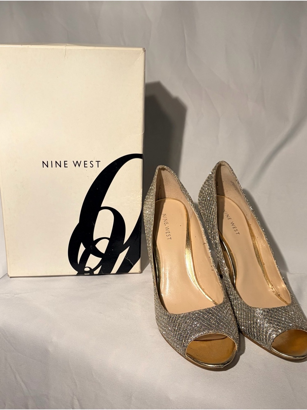 Nine West Glitter Peep-Toe Heels in Metallic Gold and Silver Tone